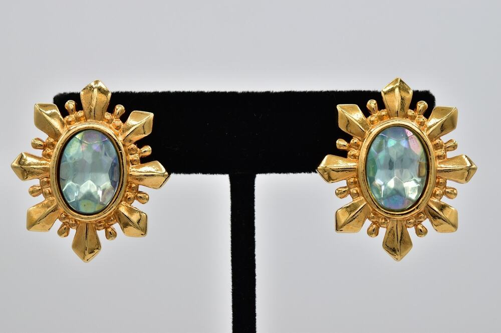 Avon Vintage Aqua AB Iridescent Crystal Sunburst Statement Earrings Signed BinAZ